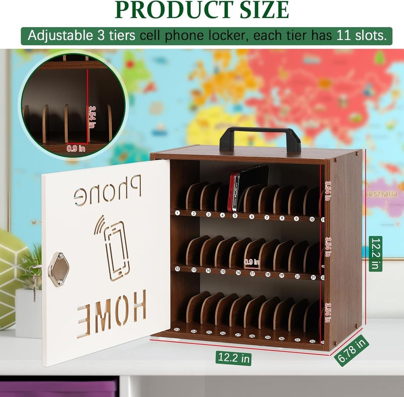 Echaprey Cell Phone Holder Classroom Adjustable 33 Slots Pocket Chart Wooden Cell Phone Storage Cabinet with Handle and Lock Desktop Cell Phone Holder for Classroom Office (Black Walnut) - Image 2